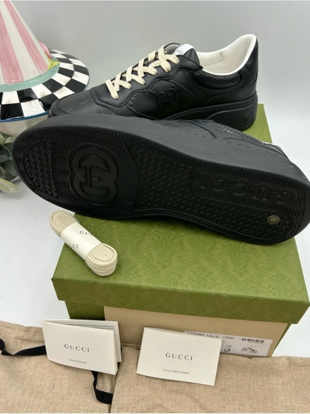 Gucci GG embossed black leather sneakers size 10 fits 10.5 US made Italy